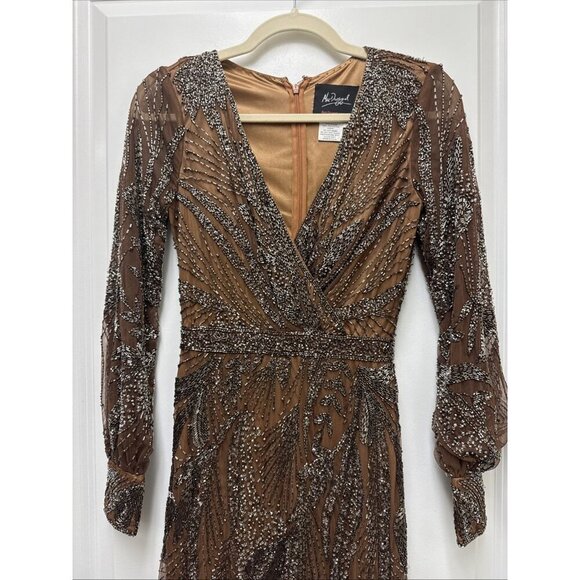 MAC DUGGAL Size 0 Brown 5295 BEADED LONG SLEEVE MIDI COCKTAIL Party DRESS  New - Picture 5 of 11